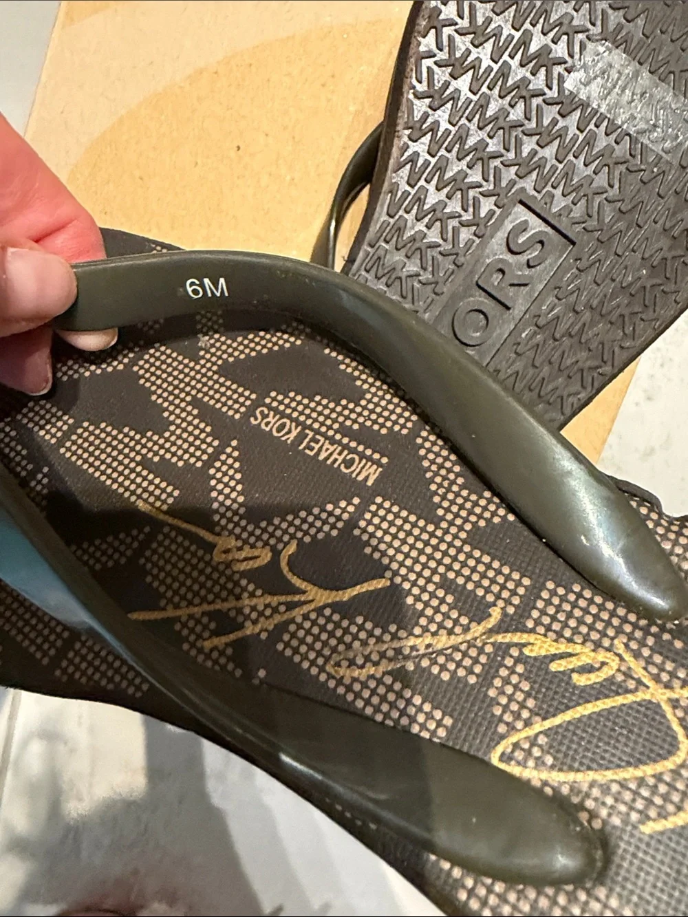 Michael Kors Brown MK Logo Platform Thong Sandal with Gold Accent
